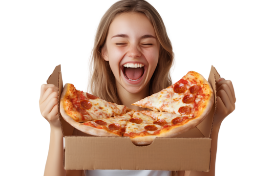  Young woman eating pizza and laughing in front of a pizza box, isolated on a transparent background. PNG photo cutout