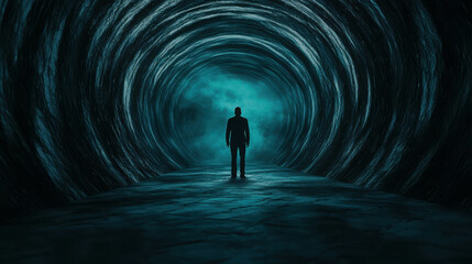 Mysterious Figure in Dark Tunnel with Swirling Shadows and Ethereal Blue Light