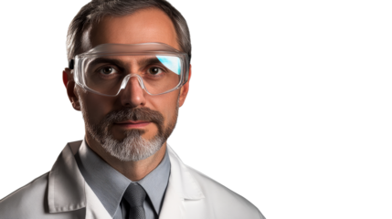 Serious mature adult in lab coat and safety glasses, cut out transparent