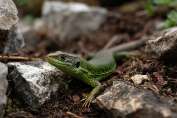 Fototapeta premium Green Lizard among Rocks: A Close-Up Nature Study