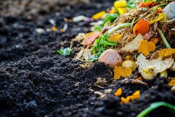Compost Food. Biodegradable Kitchen Waste Recycling on Soil for Fertilizer