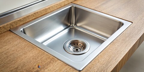 A close-up of a steel kitchen sink with a cork stopper inserted into its drain, revealing a sleek and modern design, domestic appliances, dishwasher