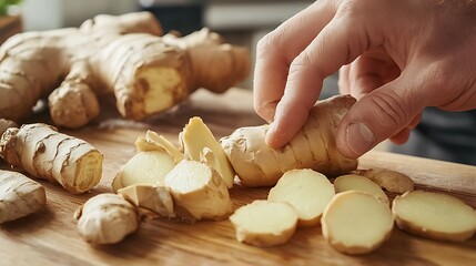 Fototapeta premium Hand Slicing Fresh Ginger on a Wooden Cutting Board