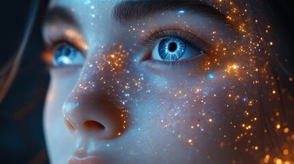 Celestial Beauty: A Close-Up Portrait of a Young Woman Adorned with Sparkling Stardust