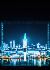 Obraz premium Vaccination event with syringe urban landscape nighttime photography healthcare concept