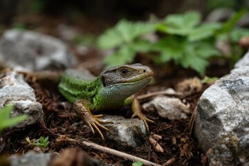 Fototapeta premium Green Lizard Resting on Rock