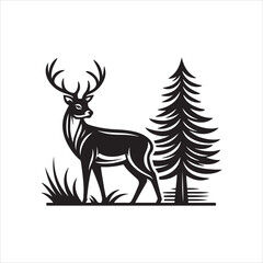 A high-contrast black and white silhouette of a deer standing motionless in profile, captured in a flat vector art style.