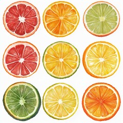 Obraz premium An artistic arrangement displays colorful citrus fruit slices including grapefruit, orange, lemon, and lime arranged in a grid pattern on a white background.