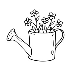 watering can with flowers line art