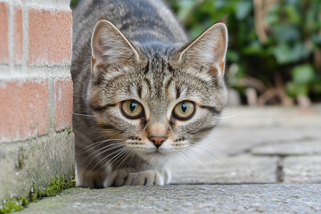 Curious cat explores a lush garden filled with vibrant plants and intriguing scents