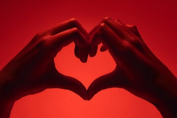 Obraz premium Two Hands Forming a Heart Shape Against a Red Background