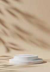 Minimal 3D Rendered Podium Displayed With Beige Background And Leaf Shadow