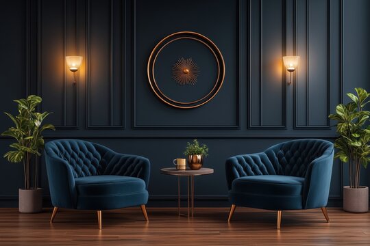 Luxury navy velvet armchairs in a dark modern lounge: elegant interior design mockup