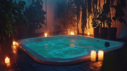 Tranquil Hot Tub Scene at Night with Candles and Lush Greenery