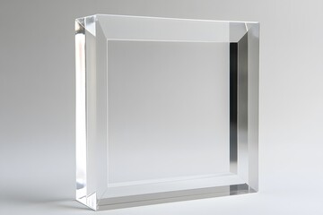 Transparent acrylic square block with geometric design on a neutral background