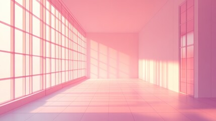 Fototapeta premium Empty, sunlit, pink interior with large windows. Sunlight casts soft shadows across the pale pink floor and walls. Large window panes create a grid pattern