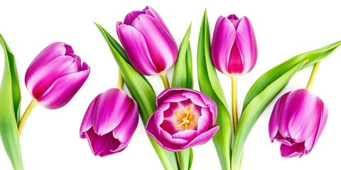 Obraz premium Five purple tulips, watercolor style, isolated on white, detail, art