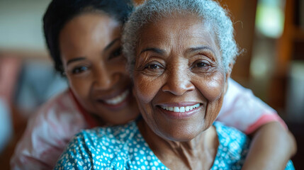 Happy senior black woman in a nursing home. Smiling old african american female pensioner being cared for by a nurse in a hospice for elderly