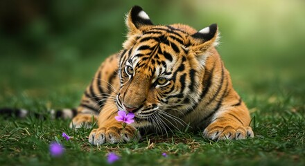 Naklejka premium Adorable Tiger Cub Sniffing Flower in Lush Green Grass Wildlife Nature Photography
