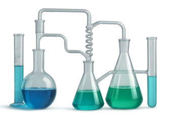 A collection of laboratory glassware, including flasks and test tubes, containing liquids of different colors, likely for experiments. Concept Laboratory Glassware, Colorful Liquids