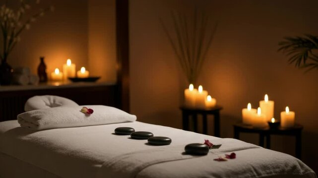 Relaxing spa massage room with candles