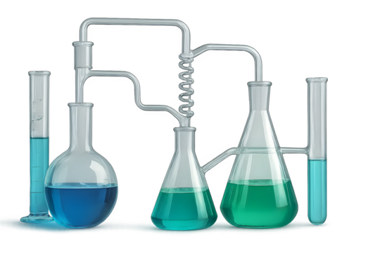 A collection of laboratory glassware, including flasks and test tubes, containing liquids of different colors, likely for experiments. Concept Laboratory Glassware, Colorful Liquids