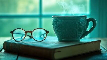 Serene Morning Warm Drink Book and Eyeglasses