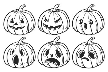 61 Halloween pumpkins, jack-o'-lanterns, hand-drawn sketch, pencil illustration, black and white, expressive faces, varied emotions, spooky, cute, detailed shading, realistic textures, array of six pu