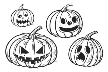 61 Halloween pumpkins, jack-o'-lanterns, hand-drawn sketch, pencil illustration, black and white, expressive faces, varied emotions, spooky, cute, detailed shading, realistic textures, array of six pu