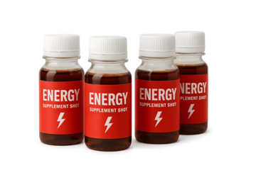 Four bottles of energy supplement shots with red labels featuring a lightning bolt graphic. Concept Energy Supplements, Bold Red Labels, Lightning Bolt Design, Eye-Catching Packaging
