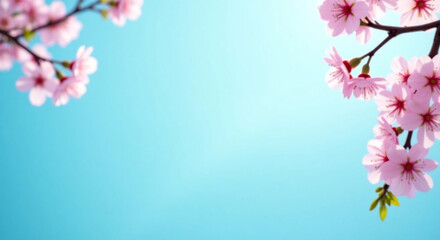 Fototapeta premium Spring cherry blossom branches against turquoise blue background