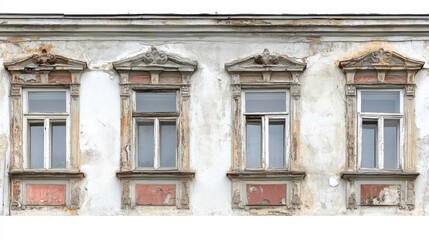 Fototapeta premium Weathered White Building Facade with Ornate Windows