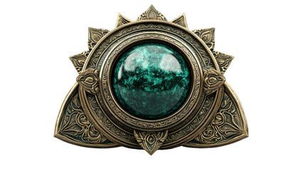 Ornamental amulet with green gem, decorative edging, cut out transparent