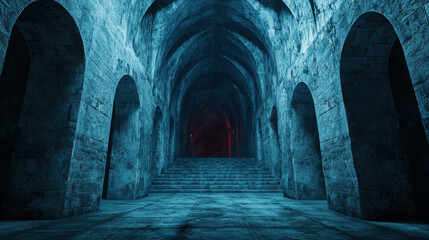 Mystical Dark Stone Corridor with Stairs and Arches in an Abandoned Castle Setting