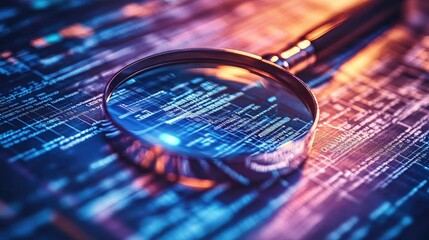 Magnifying Glass Inspecting Code, Information Technology Cyber Security, Data Analysis