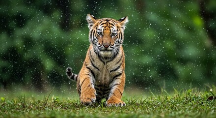 Adorable Tiger Cub Walking in Rain Lush Green Nature Wildlife Photography