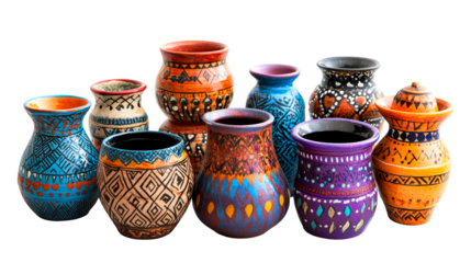Assortment of colorful painted pottery vessels, group shot, cut out transparent
