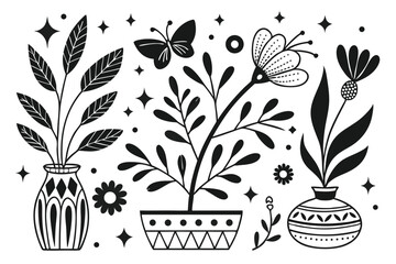 62 Black and white illustration, floral elements, potted plants, stylized flowers, geometric patterns, butterfly, hand holding flower, decorative vases, abstract shapes, botanical art, minimalist desi