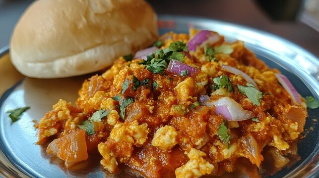 Indian paneer bhurji served on a metal plate with buttered bread roll. Use for food blog, Indian recipe, menu, or restaurant advertisement.