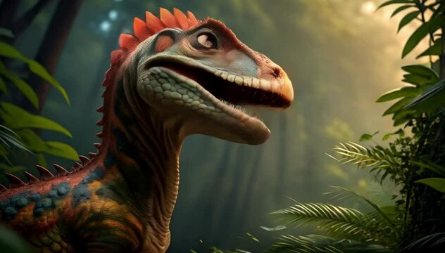 Dinosaurio close up in jungle, cute baby dinosaur looking with big eyes