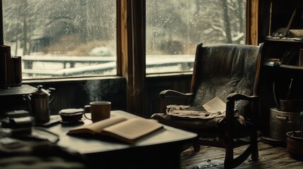 Fototapeta premium Cozy Winter Cabin Interior with Book and Warm Drink