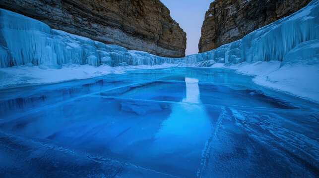 Striking Blue Ice Formation in Narrow Canyon, Frozen Water and Ice Cliffs Under Clear Sky