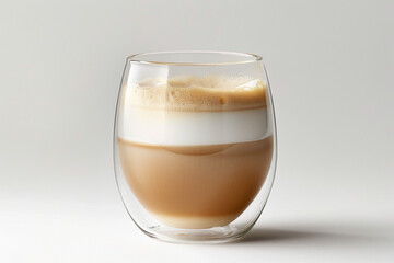Layered latte macchiato in a double-wall glass cup on white background. Minimalistic coffee drink photo with foam and milk layers.
