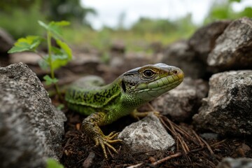 Fototapeta premium Green Lizard Among Rocks: A Detailed Nature Close-Up