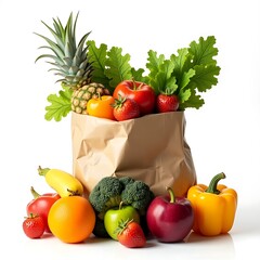 healthy fruits, vegetables, on white background