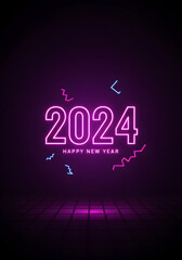 Neon 2024 Happy New Year Illustration In Purple Background Design