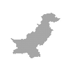 dotted halftone black silhouette of pakistan map isolated on white background. World maps circle. global map.	