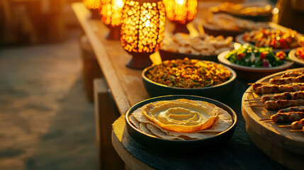 Fototapeta premium Delicious Middle Eastern Cuisine Spread on Table with Decorative Lanterns and Colorful Dishes
