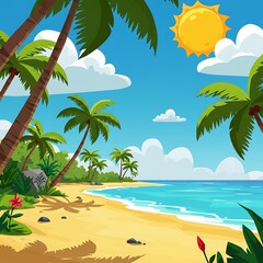Obraz premium Tropical Beach Scene: Sunny Day, Palm Trees, Ocean View