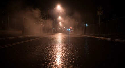 Night City Street After Rain Wet Road Dark Scene